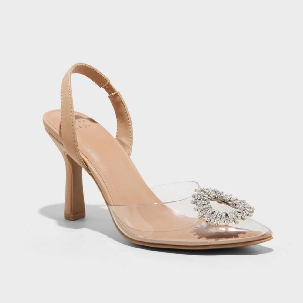 Nude Clear Slingback Heels with Crystal Accent